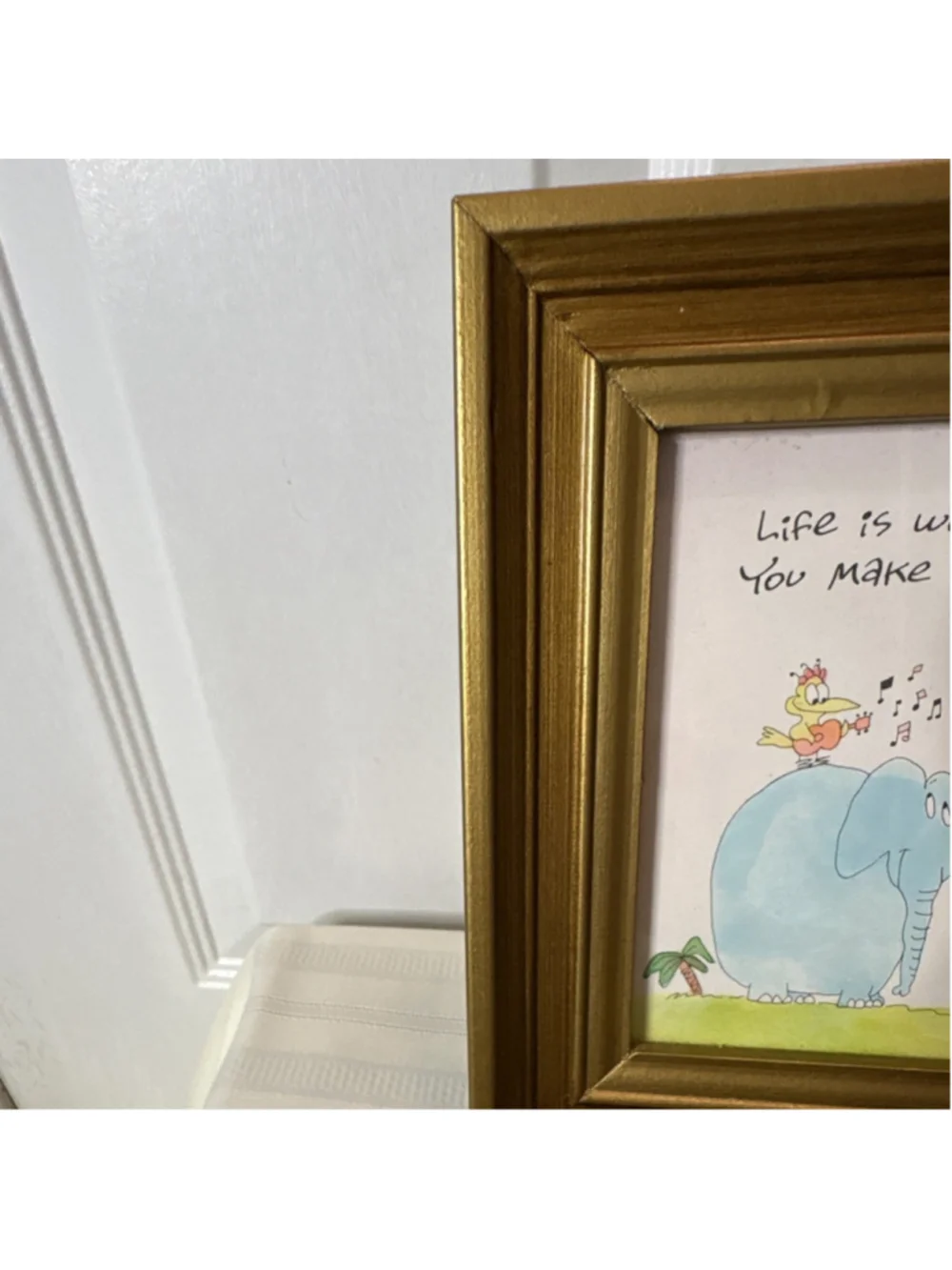 Framed Inspirational Cartoon Elephant & Bird Print Gold Frame